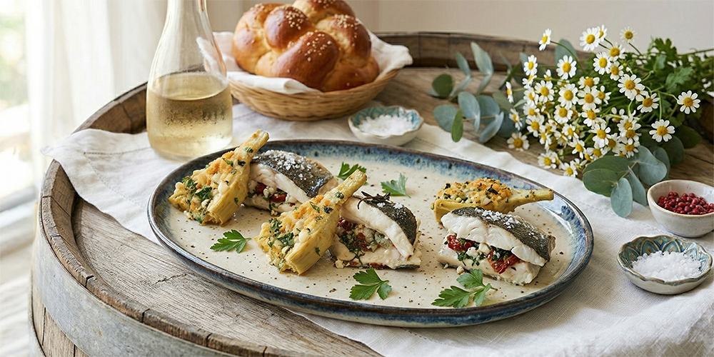 פילה לברק וארטישוקים ממולאים בגבינות